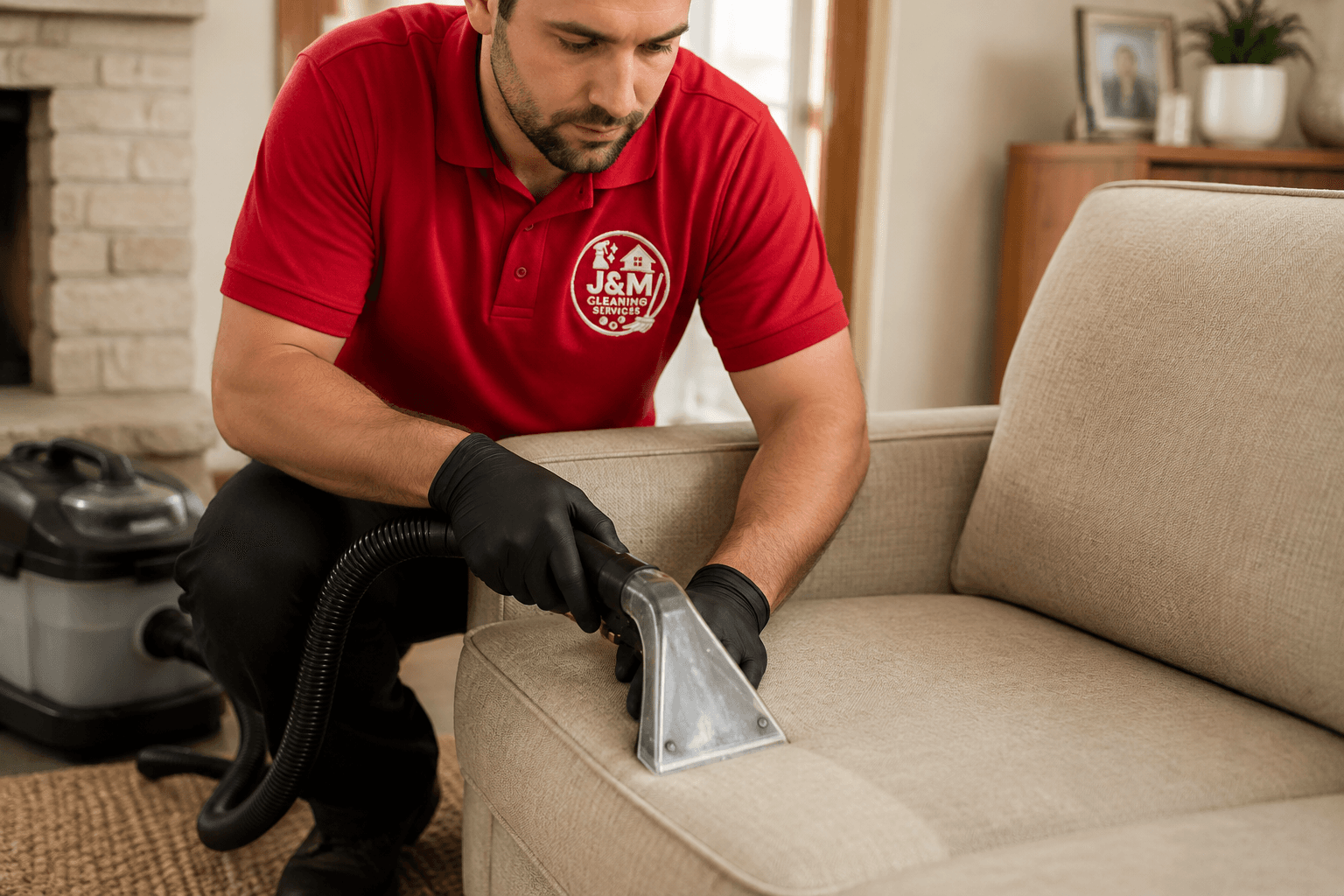 Illustration of a cleaner in a red J&M uniform using an upholstery extraction tool on a sofa